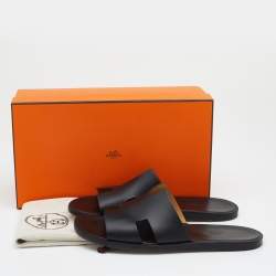 Hermes Black Leather Izmir Flat Slides Size 43