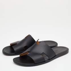 Hermes Black Leather Izmir Flat Slides Size 43