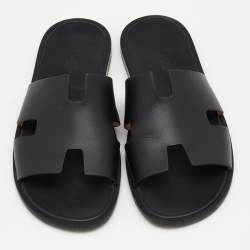 Hermes Black Leather Izmir Flat Slides Size 43
