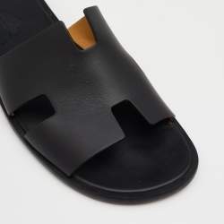 Hermes Black Leather Izmir Flat Slides Size 43