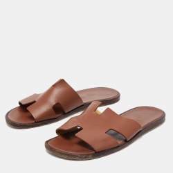 Hermes Brown Leather Izmir Slides Size 43