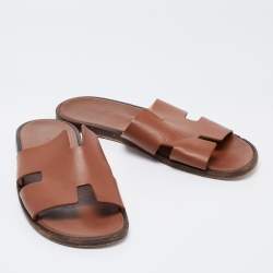 Hermes Brown Leather Izmir Slides Size 43