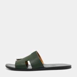 Hermes Green Leather Izmir Slide Flats  Size 43.5