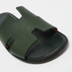 Hermes Green Leather Izmir Slide Flats  Size 43.5