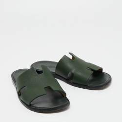Hermes Green Leather Izmir Slide Flats  Size 43.5
