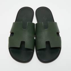 Hermes Green Leather Izmir Slide Flats  Size 43.5