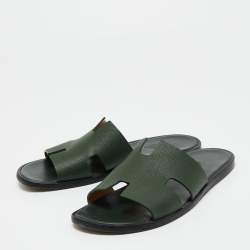 Hermes Green Leather Izmir Slide Flats  Size 43.5
