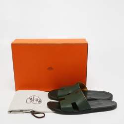 Hermes Green Leather Izmir Slide Flats  Size 43.5