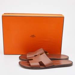 Hermes Brown Leather Izmir Flat Slides Size 42