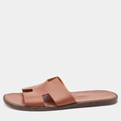 Hermes Brown Leather Izmir Flat Slides Size 42