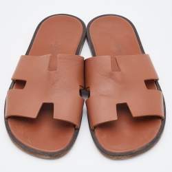 Hermes Brown Leather Izmir Flat Slides Size 42