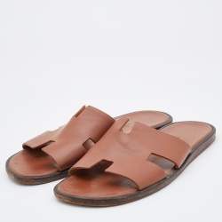 Hermes Brown Leather Izmir Flat Slides Size 42