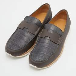 Hermes Brown/Grey Alligator Leather Kennedy Slip On Loafers Size 42