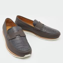 Hermes Brown/Grey Alligator Leather Kennedy Slip On Loafers Size 42