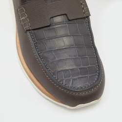 Hermes Brown/Grey Alligator Leather Kennedy Slip On Loafers Size 42