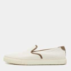 Hermes White/Brown Leather Kick Slip On Sneakers Size 42