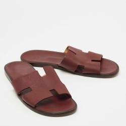 Hermes Burgundy Leather Izmir Slides Size 46.5