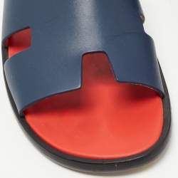 Hermès Dark Blue Leather Izmir Slide Flats Size 42.5
