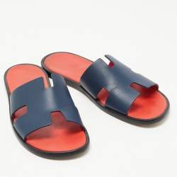 Hermès Dark Blue Leather Izmir Slide Flats Size 42.5