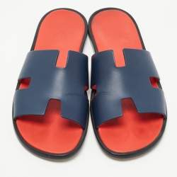 Hermès Dark Blue Leather Izmir Slide Flats Size 42.5