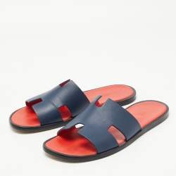 Hermès Dark Blue Leather Izmir Slide Flats Size 42.5