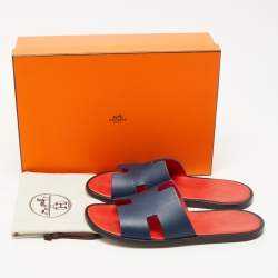 Hermès Dark Blue Leather Izmir Slide Flats Size 42.5