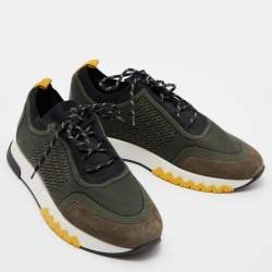 Hermes Green/Black Knit Fabric and Suede C-Addict Sneakers Size 42
