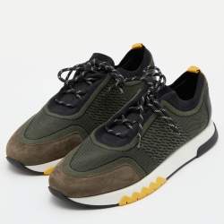 Hermes Green/Black Knit Fabric and Suede C-Addict Sneakers Size 42