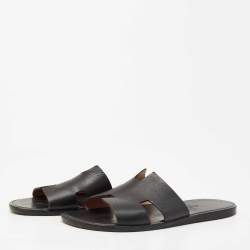 Hermes Black Leather Izmir Flat Slides Size 44