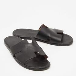 Hermes Black Leather Izmir Flat Slides Size 44