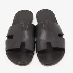 Hermes Black Leather Izmir Flat Slides Size 44