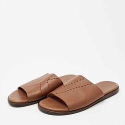 Hermes Brown Leather Izmir Flat Slide Size 44 