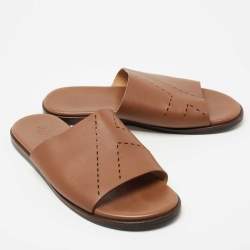 Hermes Brown Leather Izmir Flat Slide Size 44 