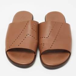 Hermes Brown Leather Izmir Flat Slide Size 44 
