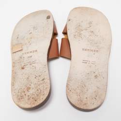 Pre Owned Hermes Brown Leather Izmir Slide Flats Size 41.5 
