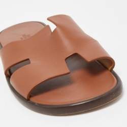 Pre Owned Hermes Brown Leather Izmir Slide Flats Size 41.5 