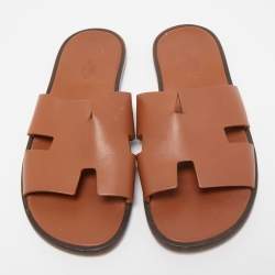 Pre Owned Hermes Brown Leather Izmir Slide Flats Size 41.5 