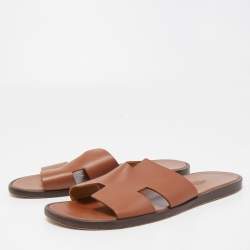 Pre Owned Hermes Brown Leather Izmir Slide Flats Size 41.5 