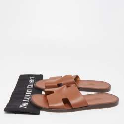 Pre Owned Hermes Brown Leather Izmir Slide Flats Size 41.5 