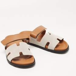 Hermes Grey/Brown Canvas Chypre Sandals Size 43