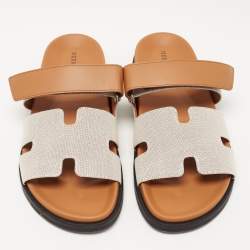 Hermes Grey/Brown Canvas Chypre Sandals Size 43