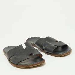 Hermes Navy Blue Leather Izmir Slides Size 44