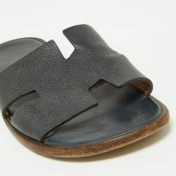 Hermes Navy Blue Leather Izmir Slides Size 44