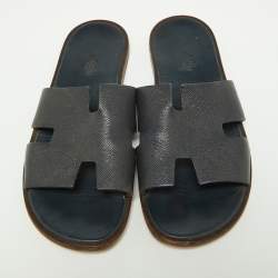 Hermes Navy Blue Leather Izmir Slides Size 44