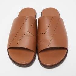 Hermes Brown Leather Flat Slides Size 43