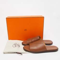Hermes Brown Leather Flat Slides Size 43