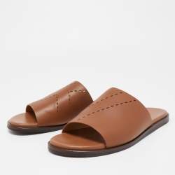 Hermes Brown Leather Flat Slides Size 43