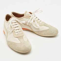 Hermes White/Grey Suede and Leather Pewter Perforated H Lace Up Sneakers Size 41