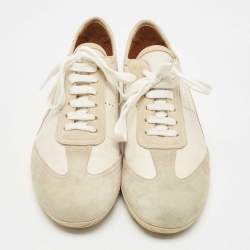 Hermes White/Grey Suede and Leather Pewter Perforated H Lace Up Sneakers Size 41