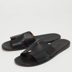 Hermes Black Leather Izmir Slide Flats Size 47